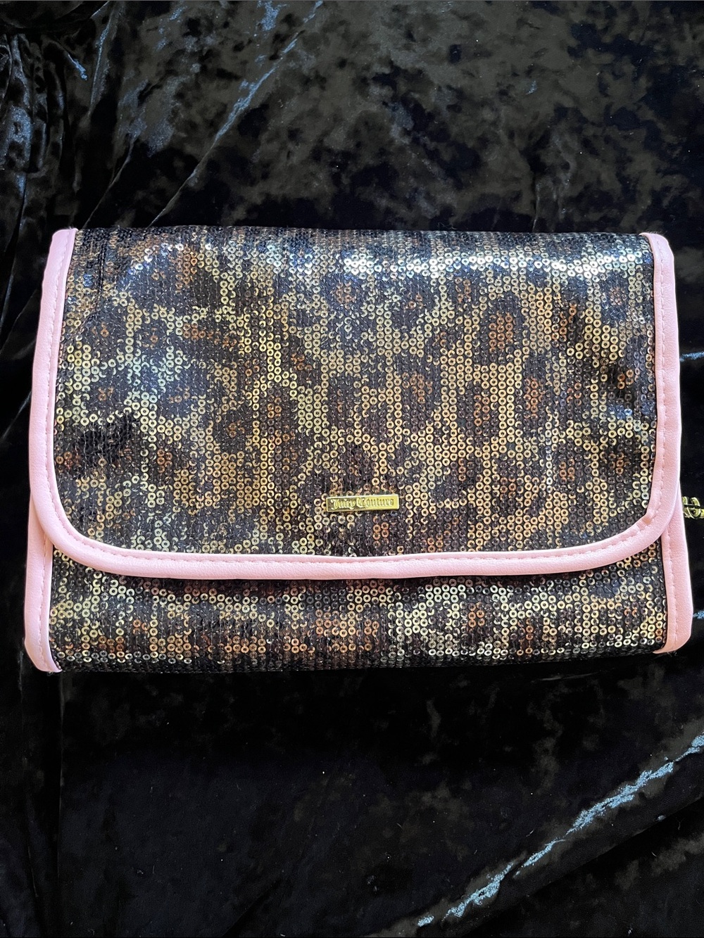 Juicy Couture Hanging Leopard Sequin Cosmetic Clutch with Pink Trim